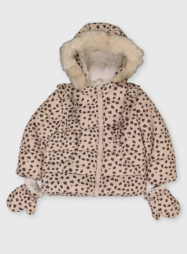 Leopard Print Frill Puffer Coat With Mittens - 4-5 years